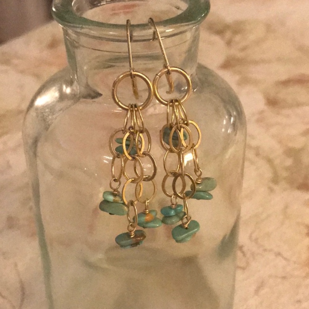 Turquoise gold loops 14/20k gold filled French back earrings. One of a kind.